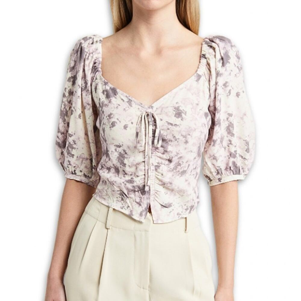Open Edit Puff Sleeve Tie Front Smocked Blouse Ivory Gray Floral Boho S NWT
